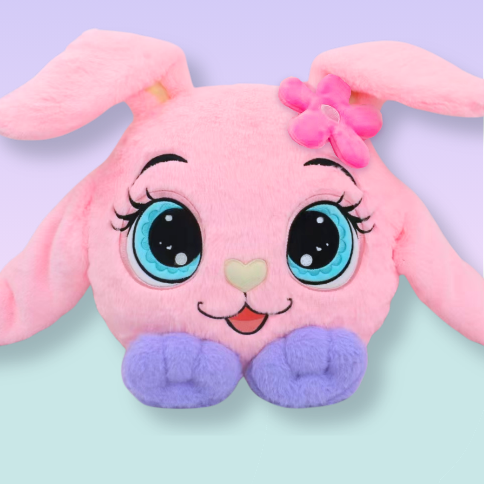 New Melliboo Easter Bunny Boo weighted plush featuring pink fur, long floppy ears, purple sensory paws, and a floral accent for stress relief and grounding