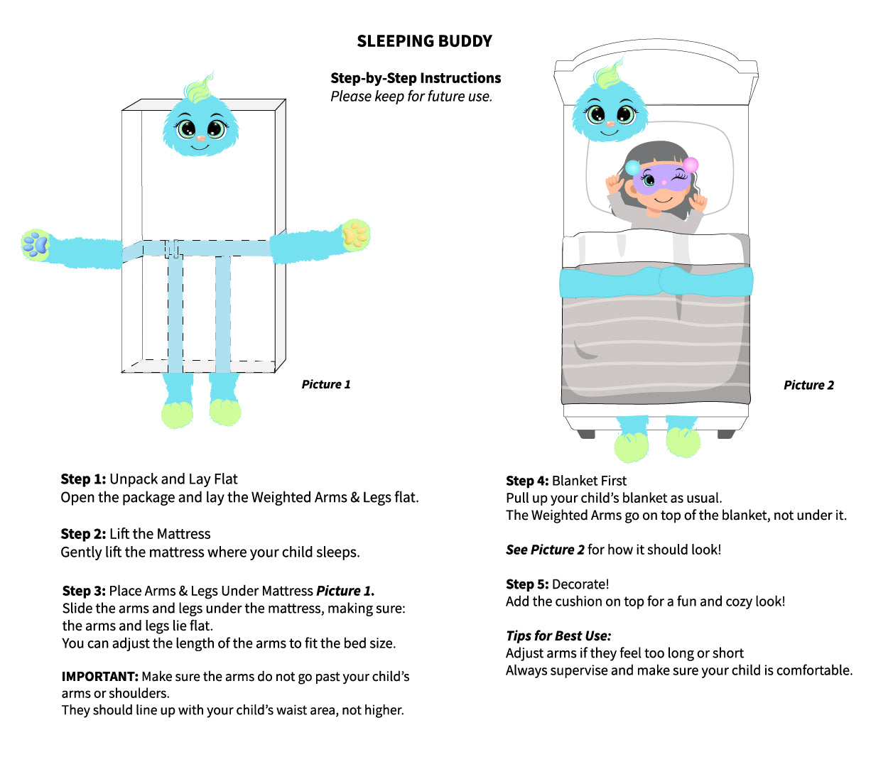 Instructions for setting up a 'Sleeping Buddy' product with illustrations and text.