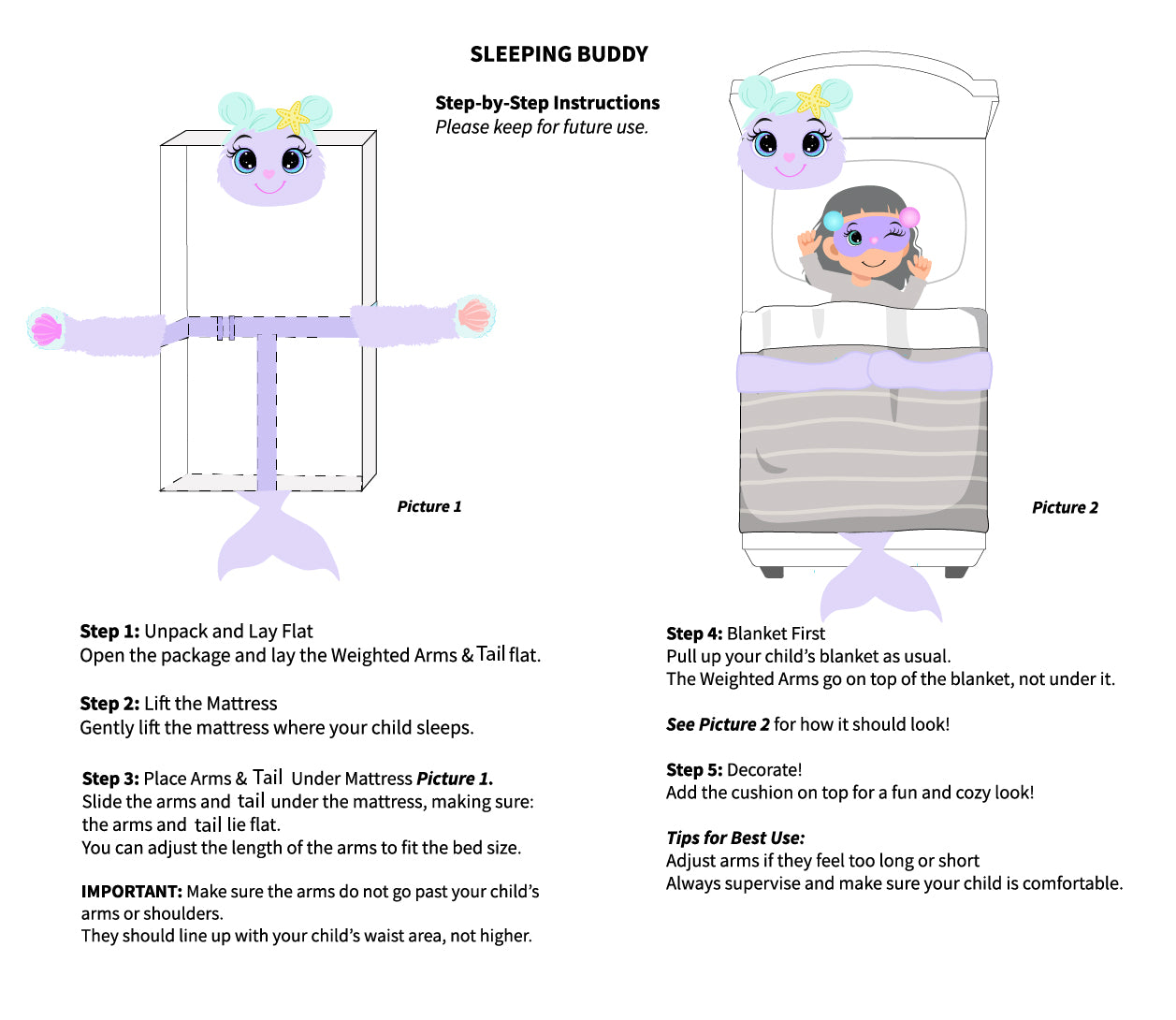 Instructions for setting up a 'Sleeping Buddy' product with step-by-step guide and illustrations.
