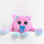 Pink plush toy with purple big eyes on a white background. They toy is weighted and helps with anxiety and stress. 