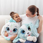 Mum and daughter holding Cat and Puppy weighted plush toys on a couch, featuring large expressive eyes, 3D sensory cheeks, paws, and nose. These super-soft, cuddly sensory plushies are perfect for comfort, relaxation, and stress relief, showcased on a light gray background.