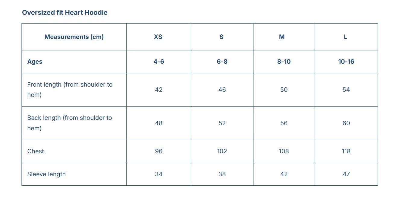 Measurement chart for oversized fit heart hoodie with sizes XS, S, M, L and corresponding measurements.