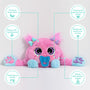 Pink plush weighted toy with blue accents on a light gray background, featuring text labels about its features.Sensory 3D squishy nose and Cheeks and Paws.