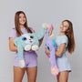 Two girls enjoying a plush toy dog with blue fur and white accents, each featuring large expressive eyes, 3D sensory cheeks, paws, and nose. This ultra-soft, cuddly sensory plush provides comfort, relaxation, and stress relief, beautifully displayed on a light gray background.