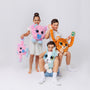 Three kids having fun with a plush weighted leopard ,puppy and baby boo, each with large expressive eyes, 3D sensory cheeks, paws, and nose. These ultra-soft, cuddly sensory plushies provide comfort, relaxation, and stress relief, beautifully displayed on a clean white background.