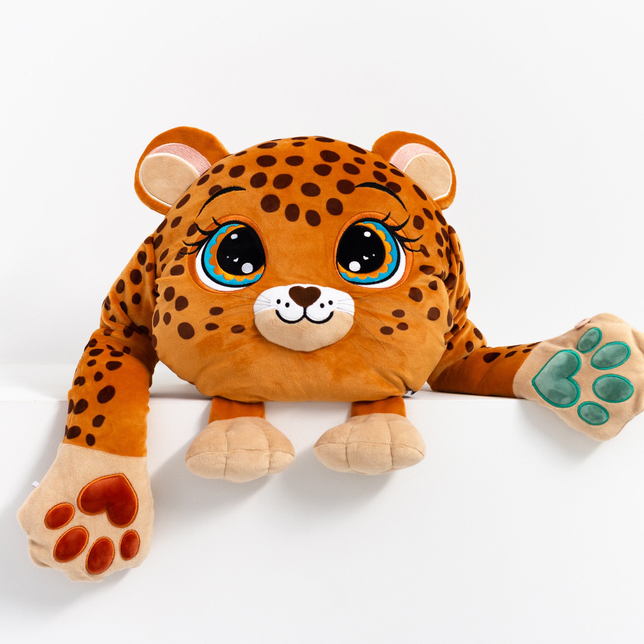 Adorable plush weighted leopard toy with large expressive eyes, 3D sensory  paws. This ultra-soft and cuddly sensory plush provides comfort, relaxation, and stress relief -beautifully displayed on a clean white background.