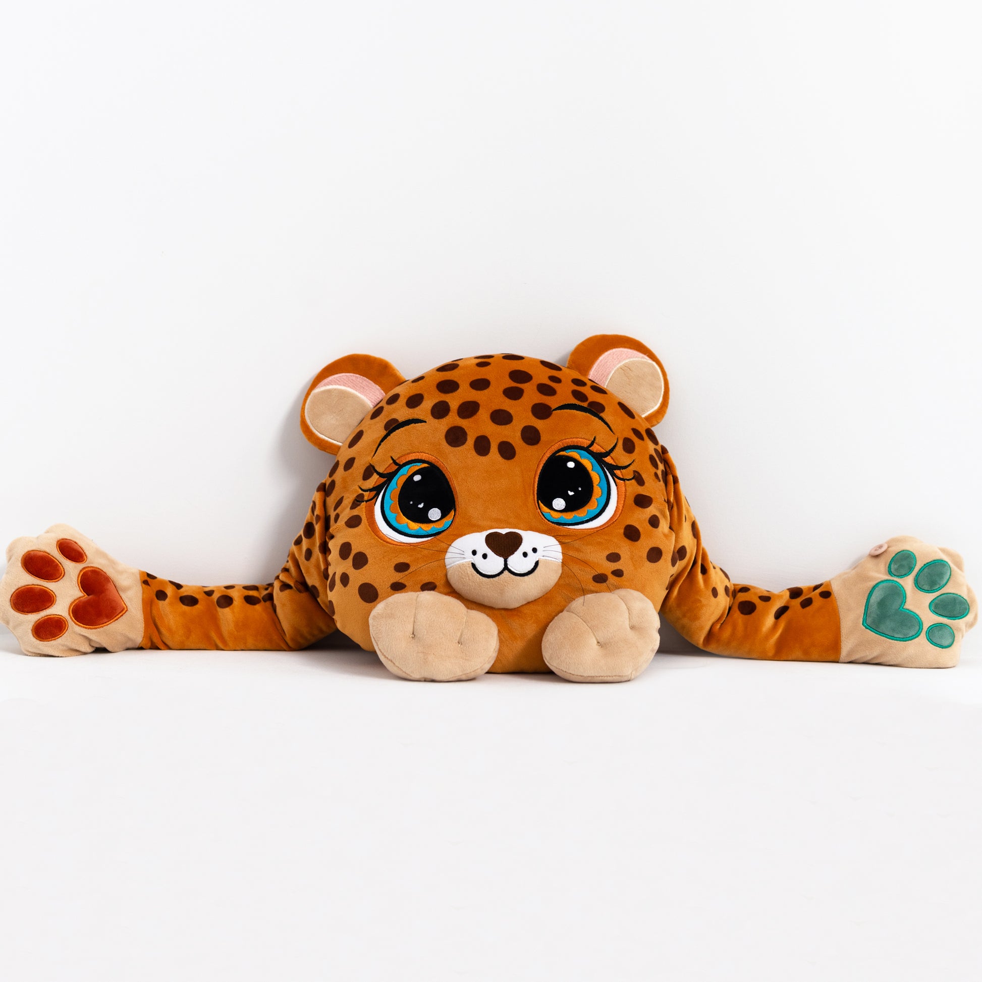 Adorable plush weighted leopard toy with large expressive eyes, 3D sensory cheeks, paws, and nose. This ultra-soft and cuddly sensory plush provides comfort, relaxation, and stress relief — beautifully displayed on a clean white background.