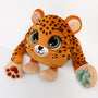 Adorable plush weighted leopard toy with large expressive eyes, 3D sensory cheeks, paws, and nose. This ultra-soft and cuddly sensory plush provides comfort, relaxation, and stress relief — beautifully displayed on a clean white background.
