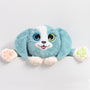 Adorable plush toy dog with blue fur and white accents, featuring large expressive eyes, 3D sensory cheeks, paws, and nose. This ultra-soft, cuddly sensory plush provides comfort, relaxation, and stress relief, beautifully displayed on a light gray background.