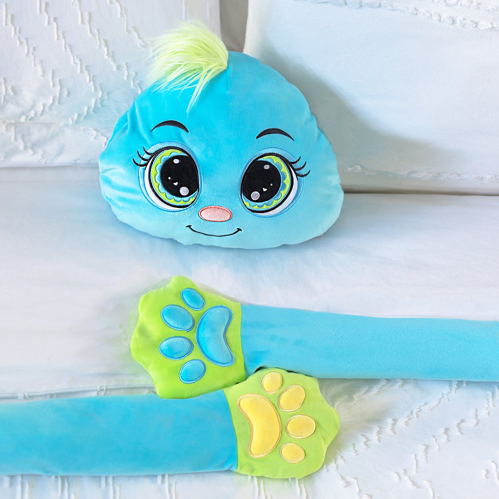 Blue sleeping plush toy with a smiling face, purple body, and green hair - the perfect mermaid sleeping buddy. Super soft and cuddly, this adorable plush features long weighted arms that provide gentle pressure to promote relaxation and improve sleep. It’s like getting a real hug every night!